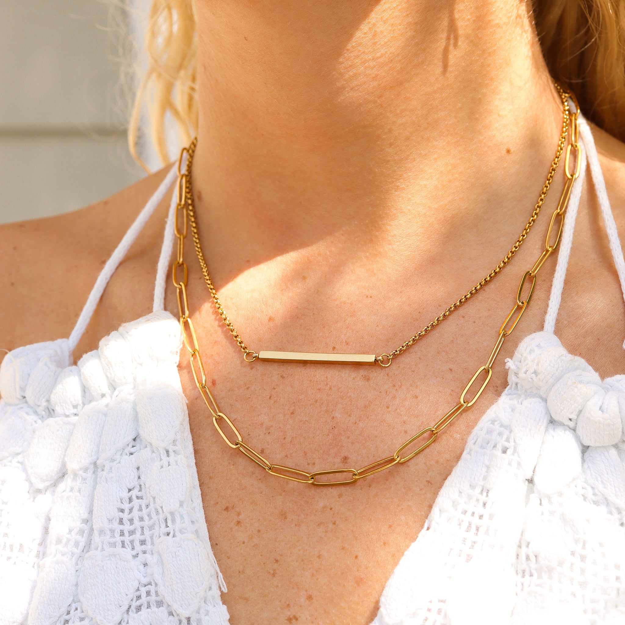 18K Gold PVD Stainless Steel Paperclip Layered Blank Bar Necklace