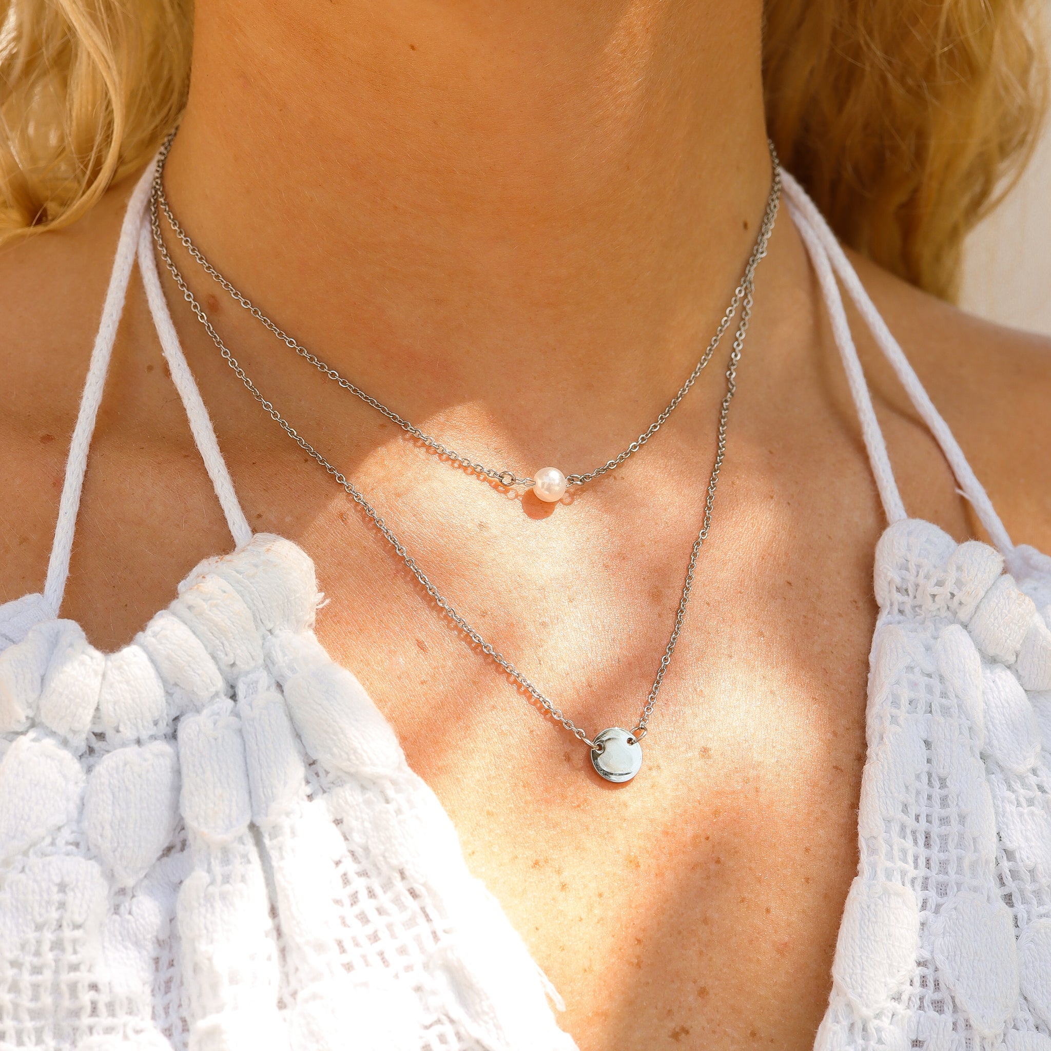 18K Gold PVD Stainless Steel Pearl and Blank Disk Layered Charm Necklace