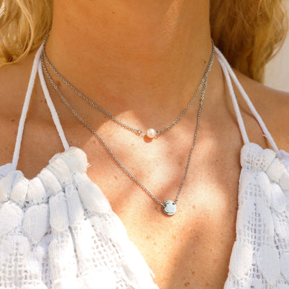 18K Gold PVD Stainless Steel Pearl and Blank Disk Layered Charm Necklace