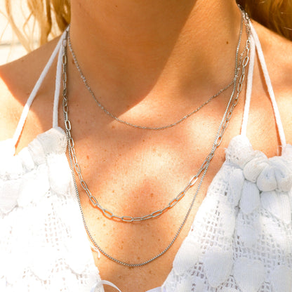 18K Gold PVD Stainless Steel Loop, Box, and Paperclip Layered Chain Necklace