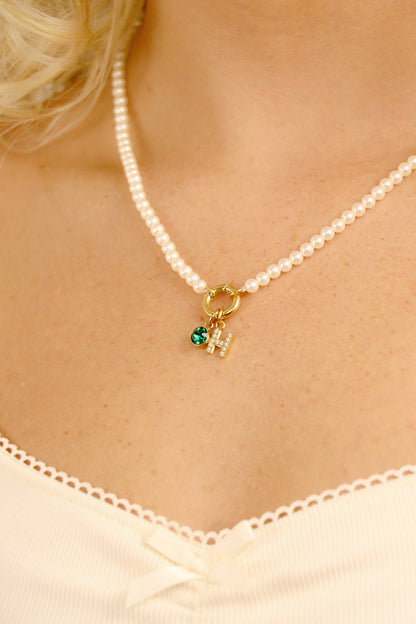 18" Glass Pearl Necklace with Stainless Steel Charm Keeper