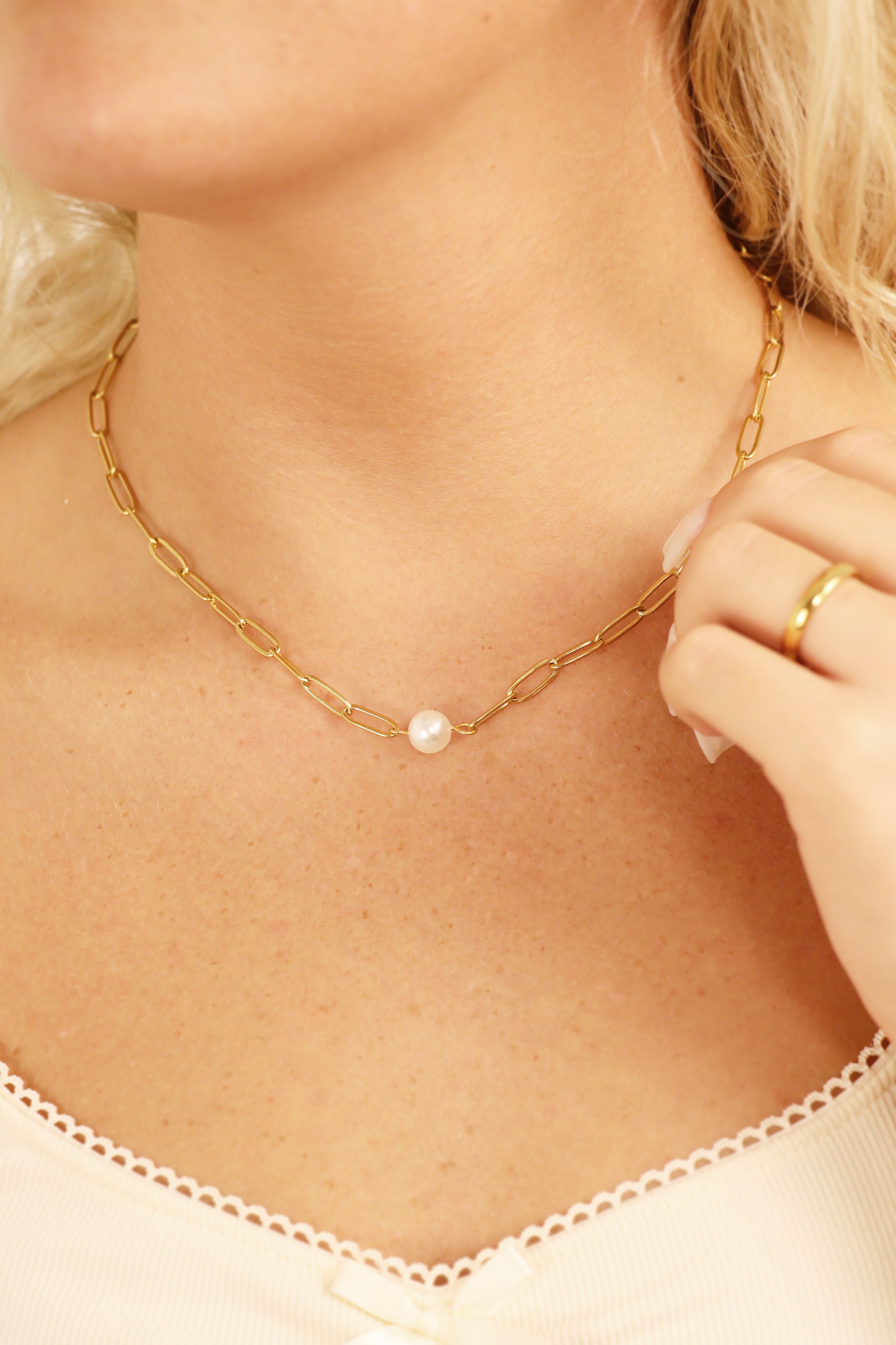 18K Gold PVD Stainless Steel Paperclip Necklace With Pearl