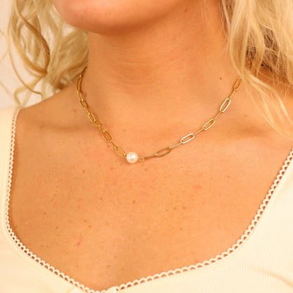 18K Gold PVD Stainless Steel Paperclip Necklace With Pearl