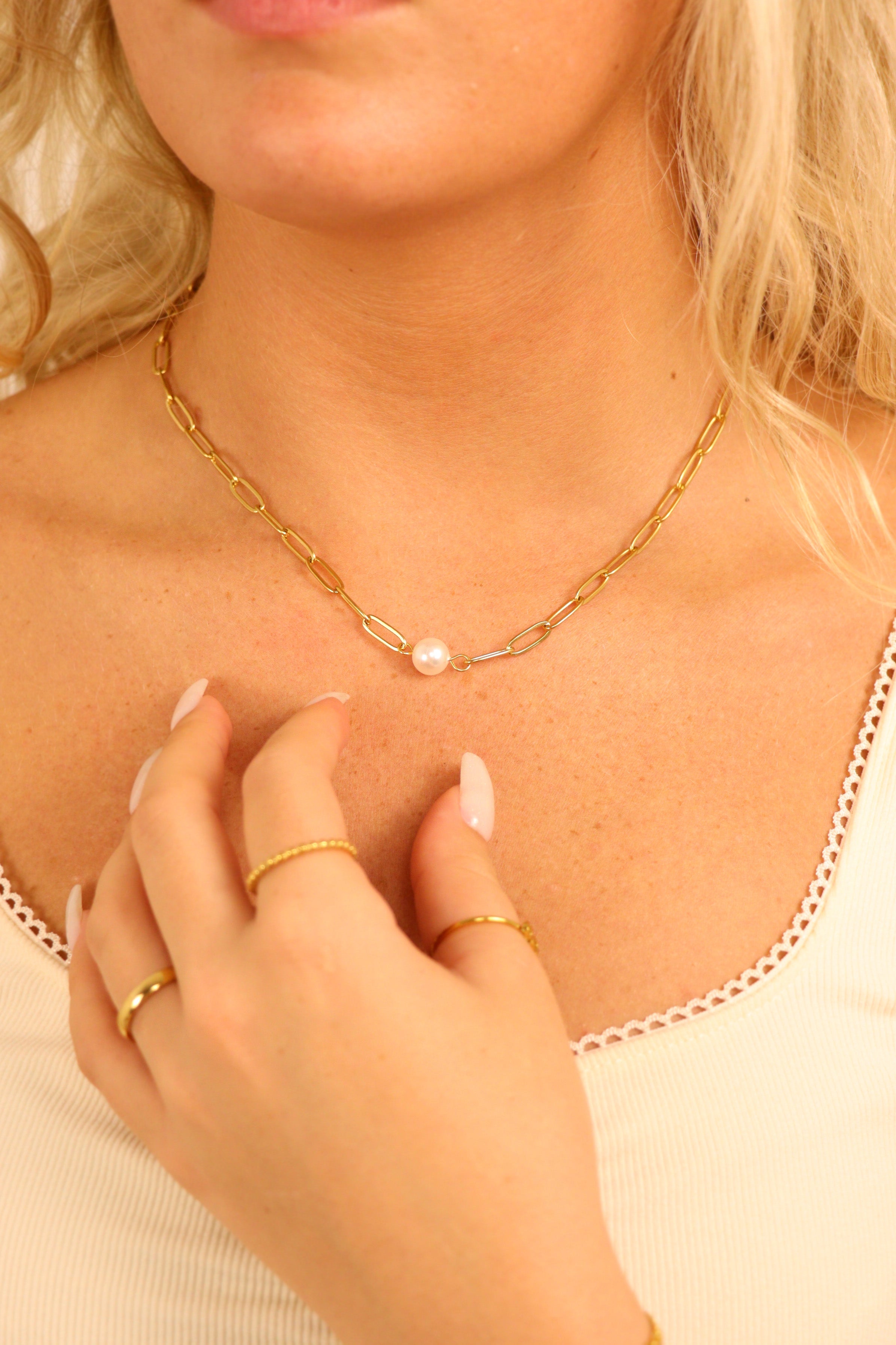 18K Gold PVD Stainless Steel Paperclip Necklace With Pearl