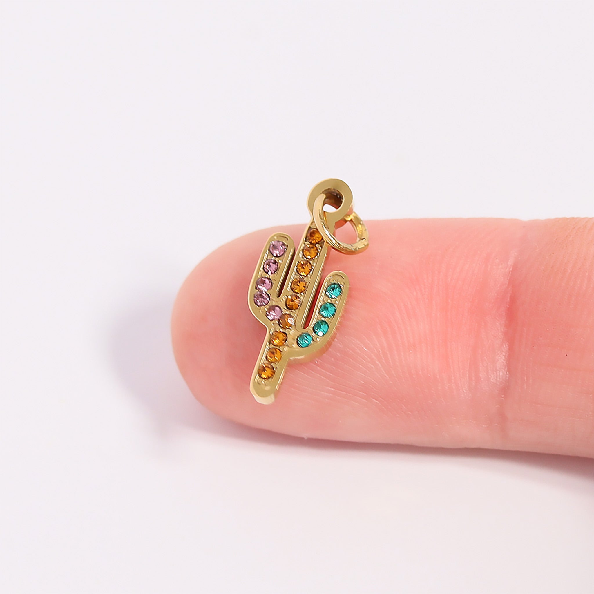 18K Gold PVD Stainless Steel Cactus with CZ Stone Charm