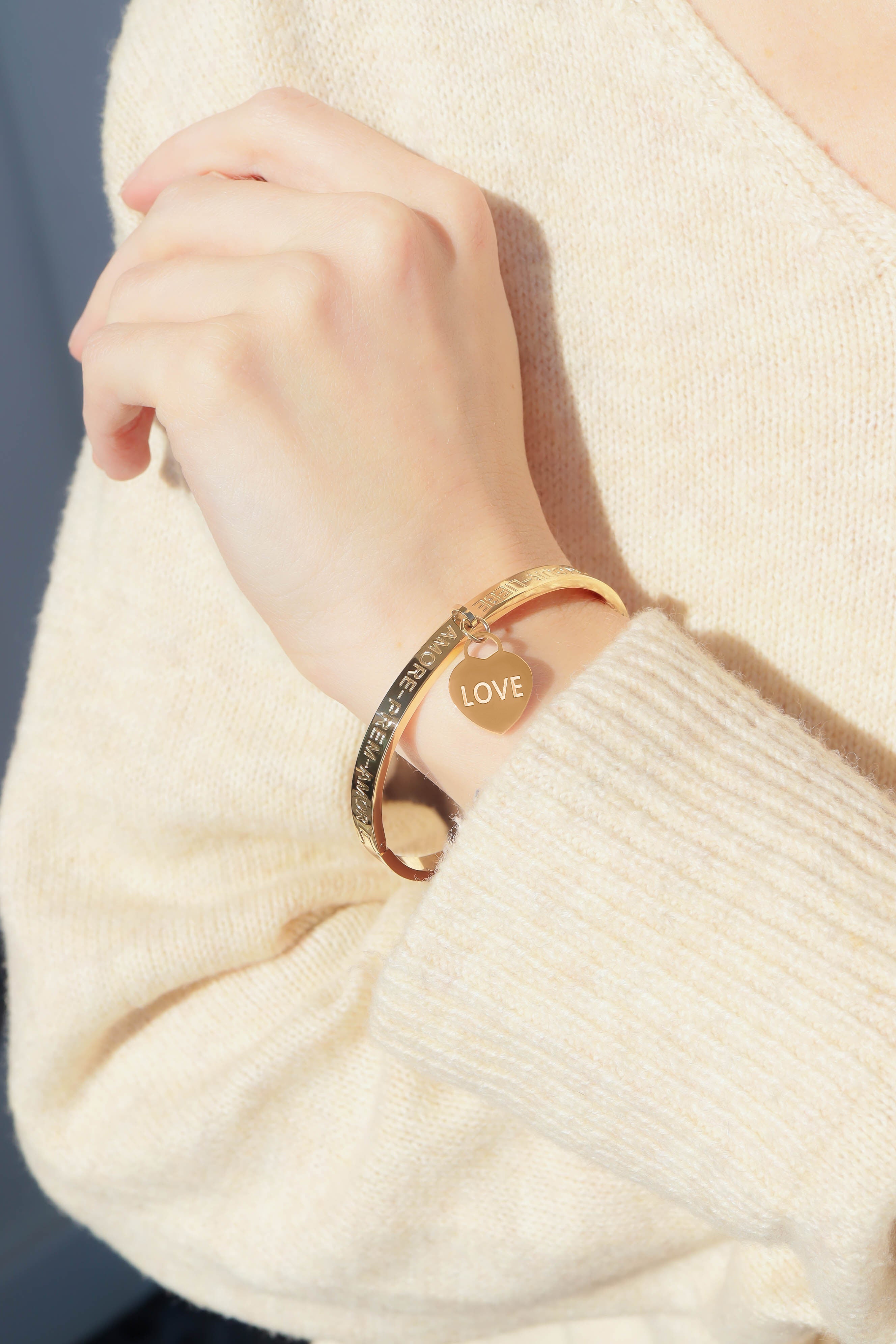 18K Gold PVD Stainless Steel Love Languages Heart Charm Bangle