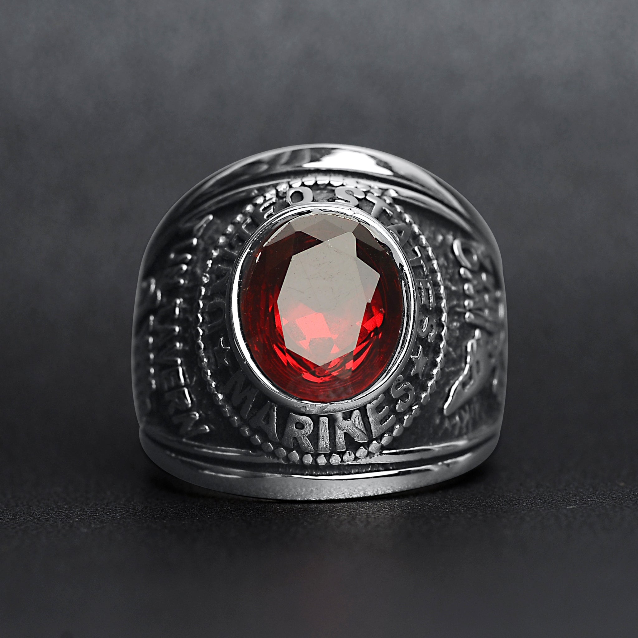 Stainless Steel United States Marine Corp Military Men's Ring with Red Stone