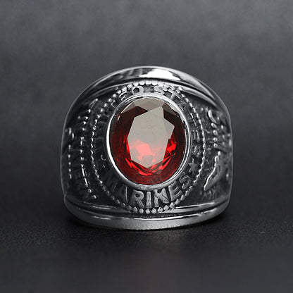 Stainless Steel United States Marine Corp Military Men's Ring with Red Stone