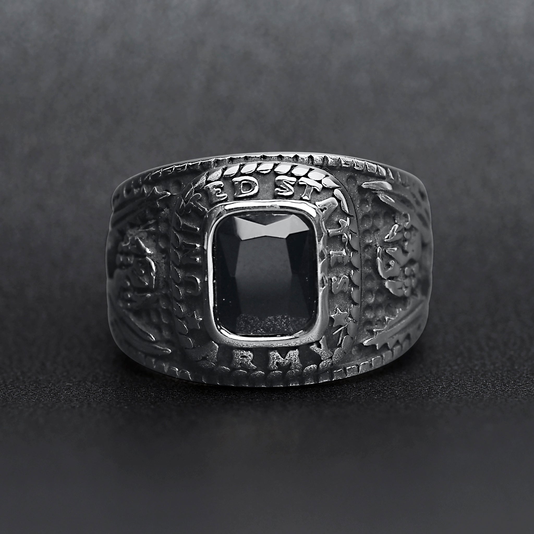 Stainless Steel United States Army Military Men's Ring with Black Stone