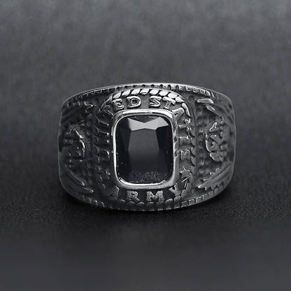 Stainless Steel United States Army Military Men's Ring with Black Stone