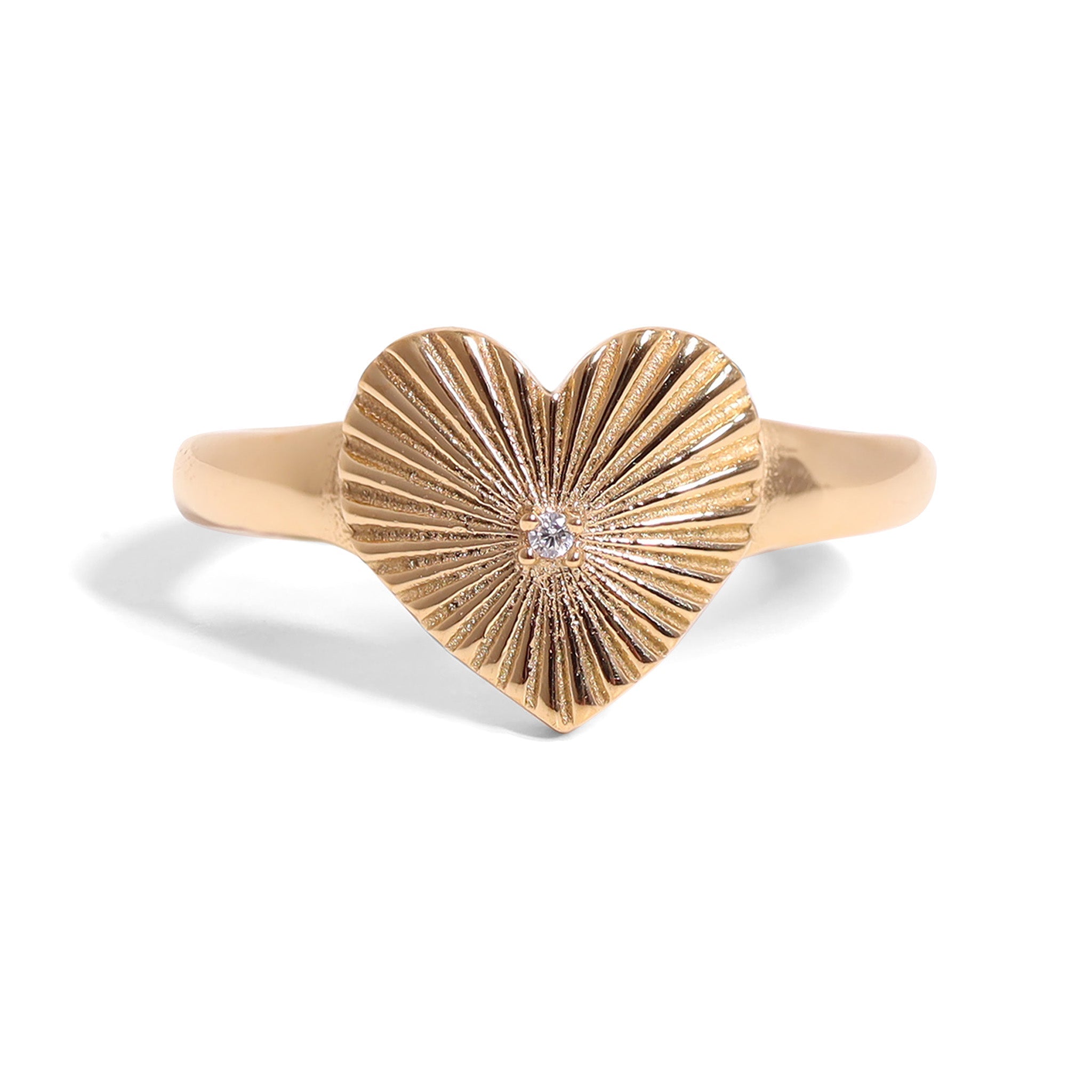 18K Gold PVD Stainless Steel Cubic Zirconia Sunburst Heart Ring