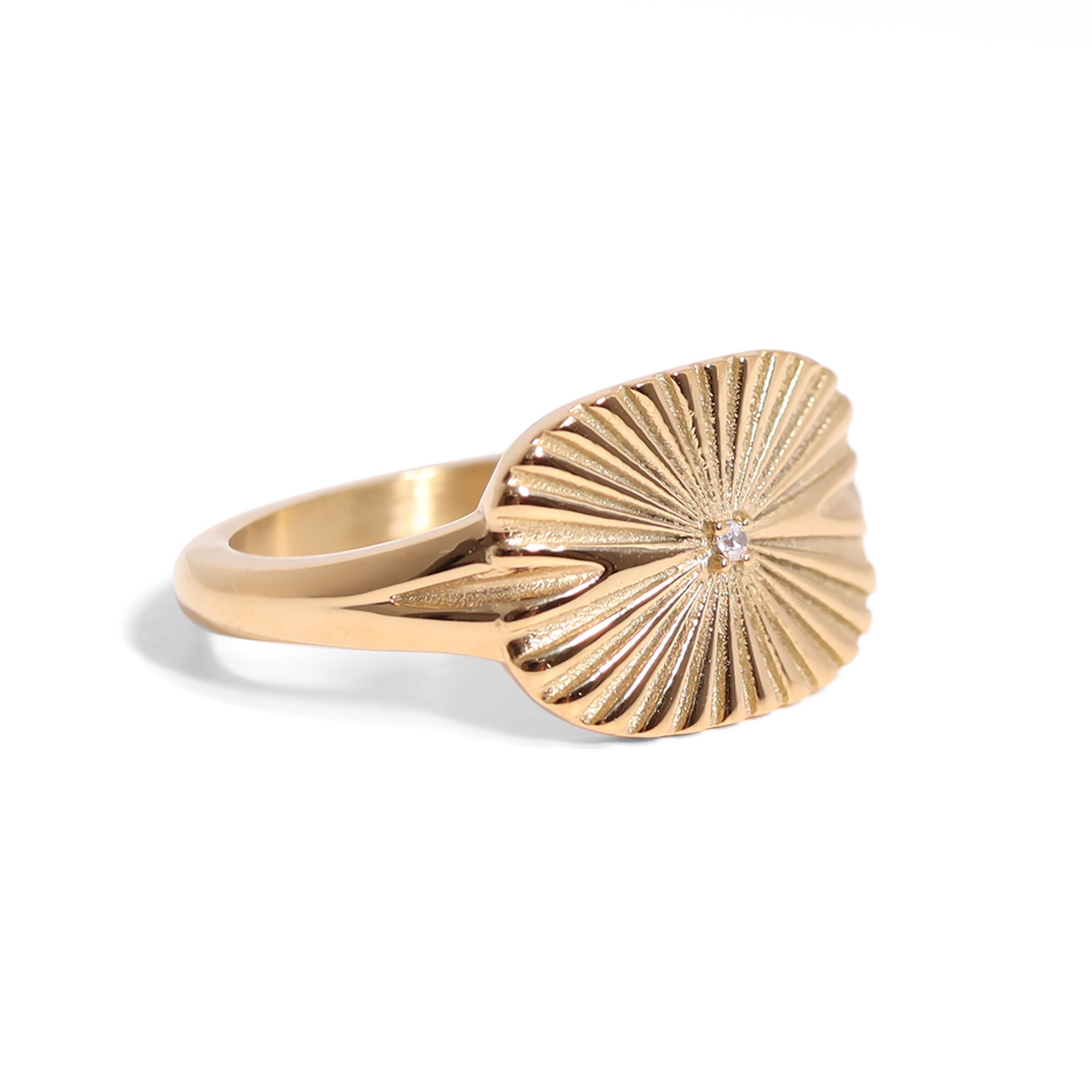 18K Gold PVD Stainless Steel Cubic Zirconia Sunburst Rectangle Ring
