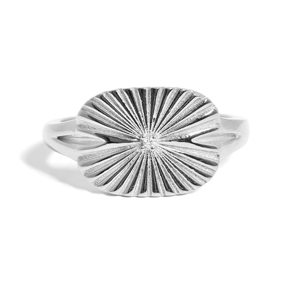 18K Gold PVD Stainless Steel Cubic Zirconia Sunburst Rectangle Ring