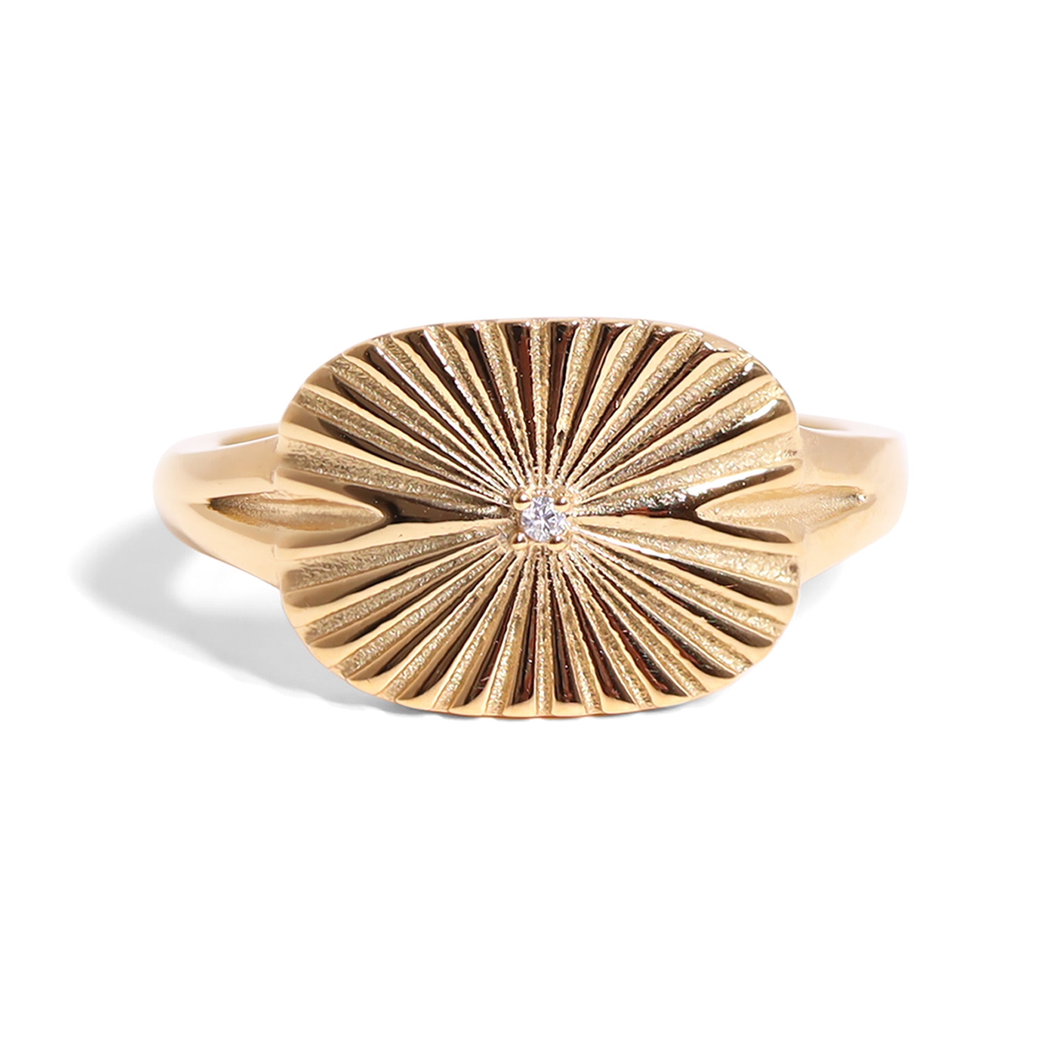 18K Gold PVD Stainless Steel Cubic Zirconia Sunburst Rectangle Ring