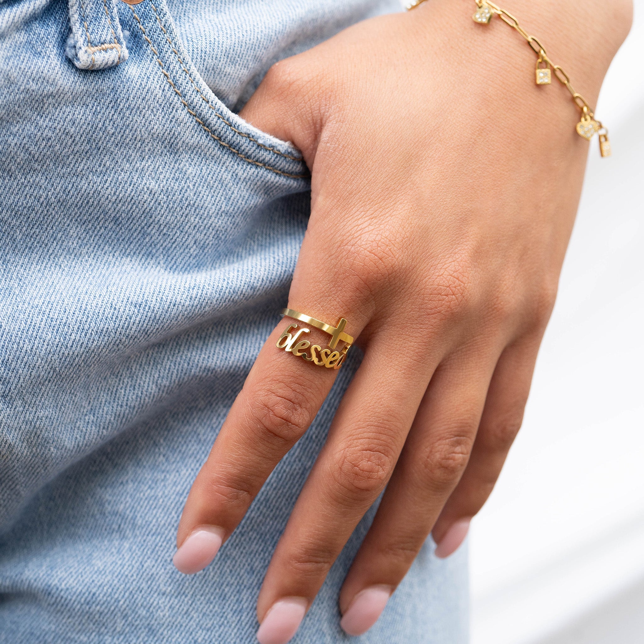 18K Gold PVD Stainless Steel Adjustable "Blessed" Ring