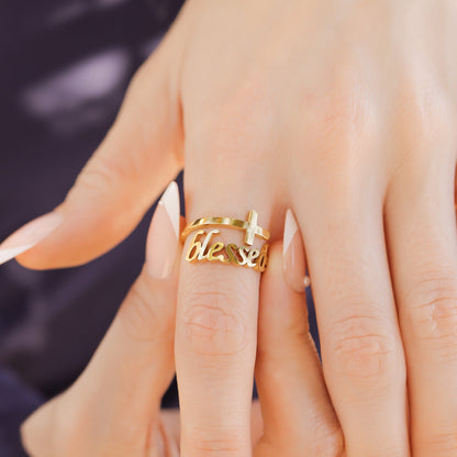 18K Gold PVD Stainless Steel Adjustable "Blessed" Ring