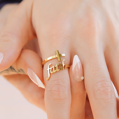 18K Gold PVD Stainless Steel Adjustable "Faith" Ring