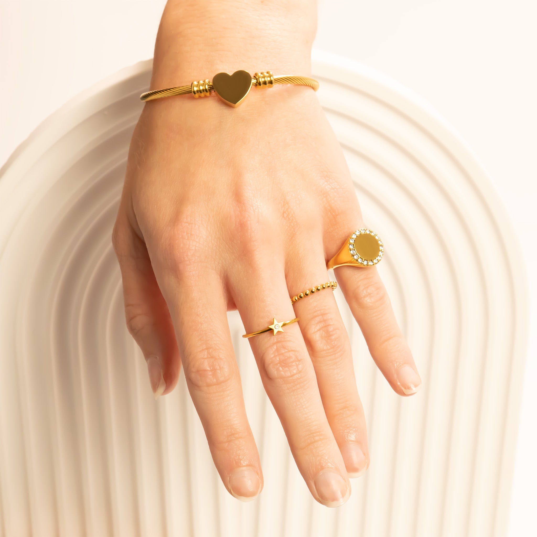 18K Gold PVD Stainless Steel Signet Ring With Stones