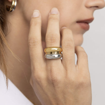 18K Gold PVD Stainless Steel Mixed Metal Side By Side Ring