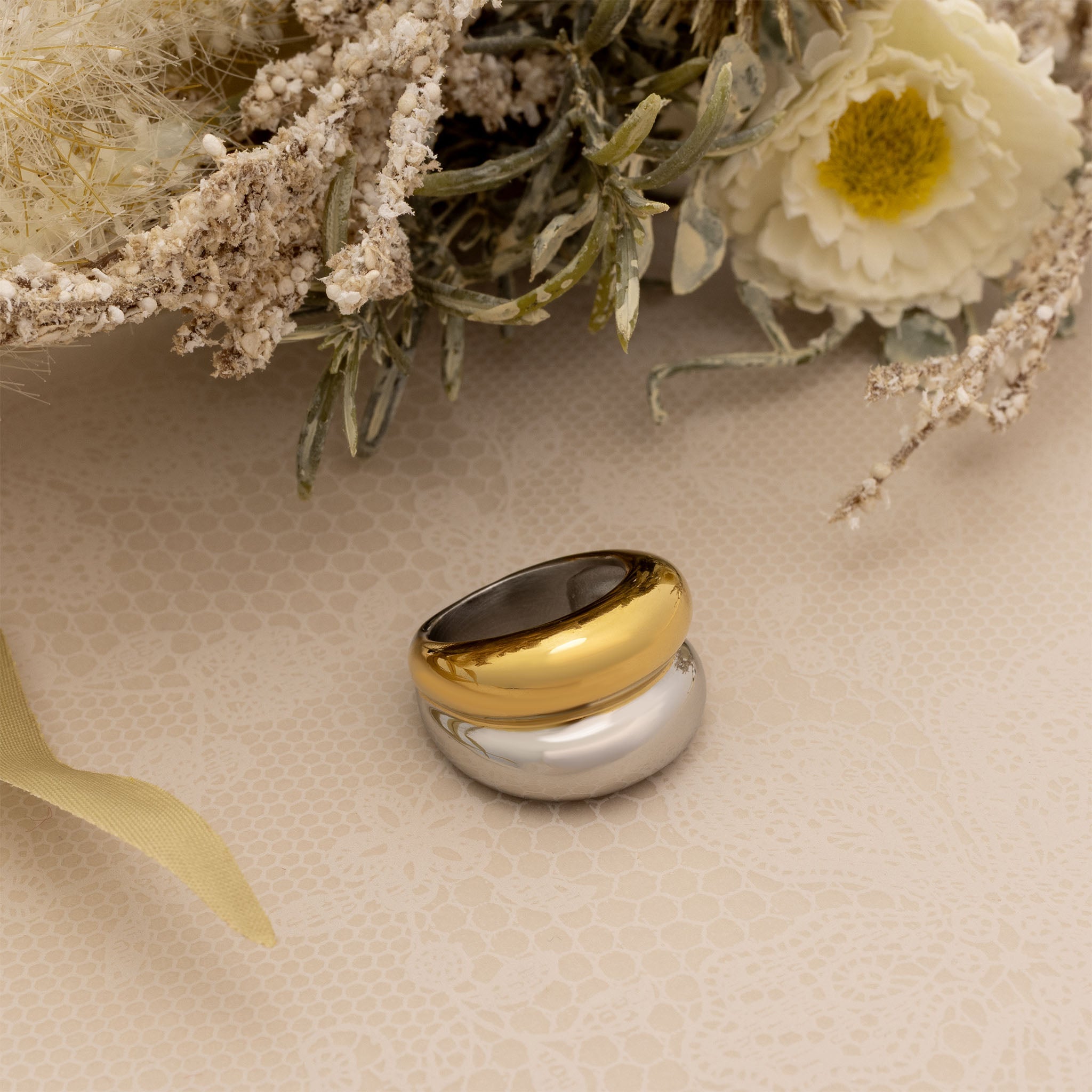 18K Gold PVD Stainless Steel Mixed Metal Side By Side Ring