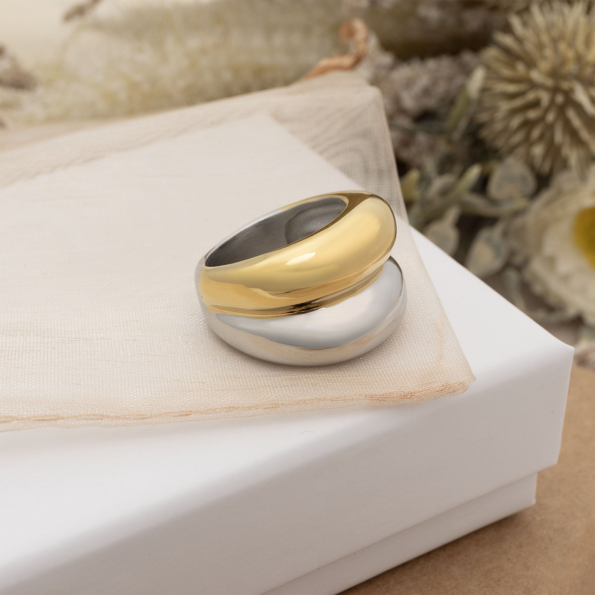 18K Gold PVD Stainless Steel Mixed Metal Side By Side Ring