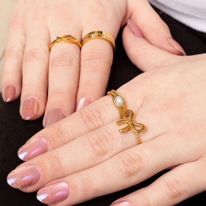 18K Gold PVD Stainless Steel Adjustable Bow Ring