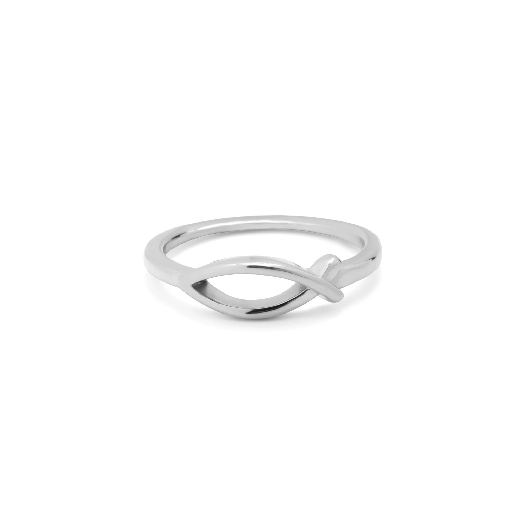 Silver ring with a wave design on a white background
