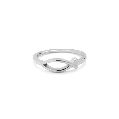 Silver ring with a wave design on a white background