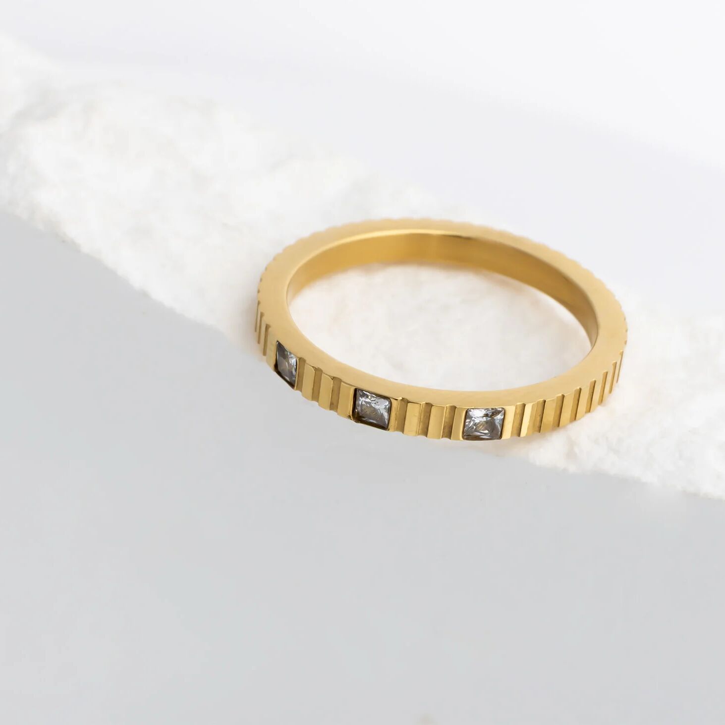 18K Gold Stainless Steel Triple Stone Fluted Stacking Ring