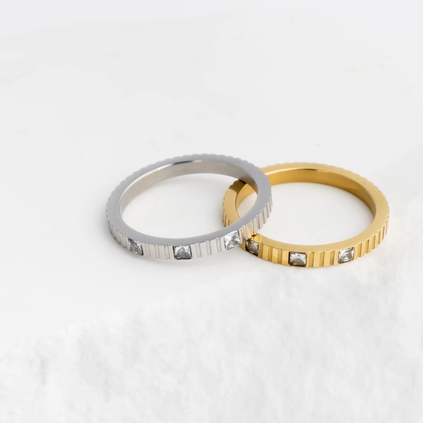 18K Gold Stainless Steel Triple Stone Fluted Stacking Ring