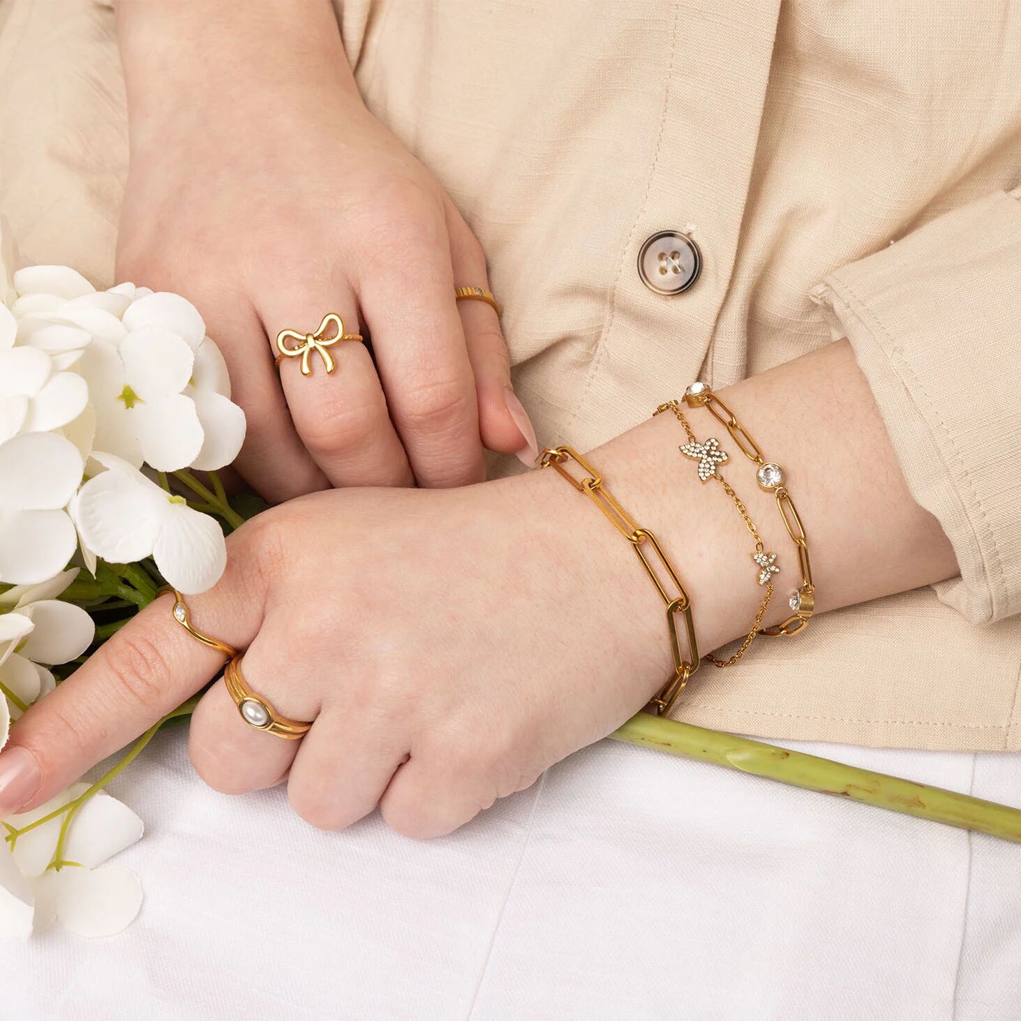 18K Gold PVD Stone Abstract Stacking Ring