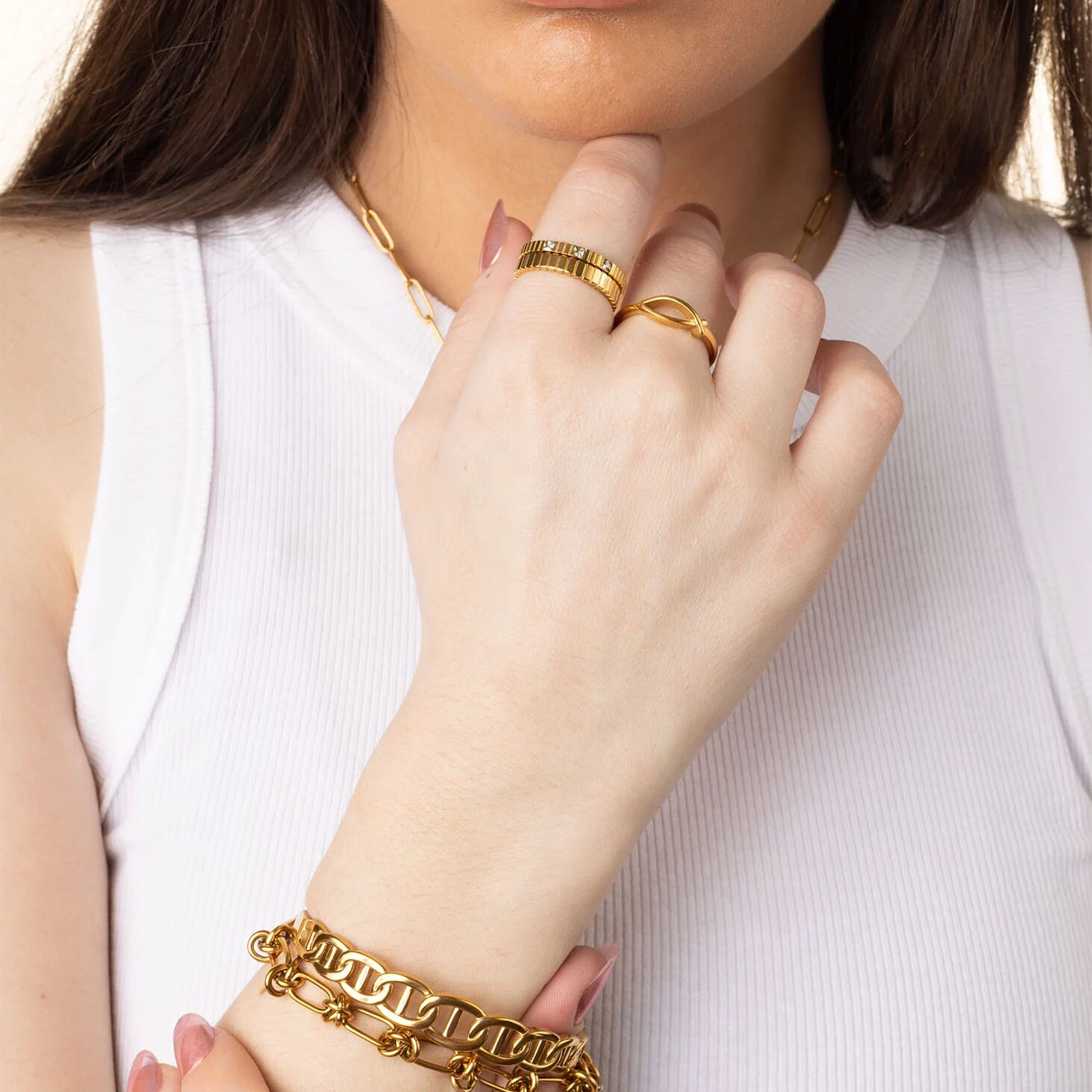 18K Gold Stainless Steel Triple Stone Fluted Stacking Ring