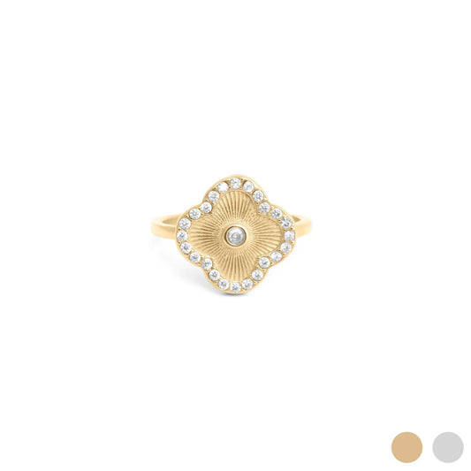 Gold Floral Motif Ring with a CZ stones on a white background