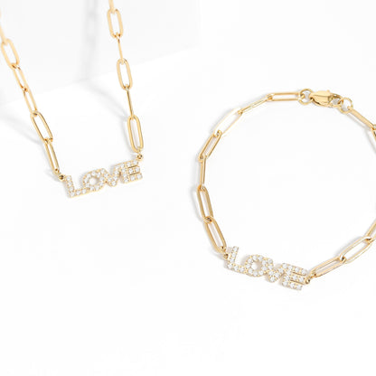 18K Gold PVD Stainless Steel Stone Love Paperclip Chain Set