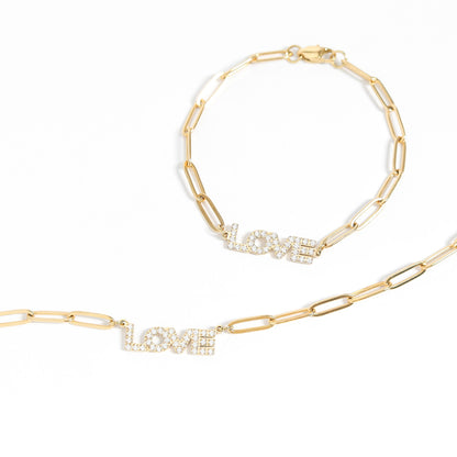 18K Gold PVD Stainless Steel Stone "Love" Paperclip Chain Necklace