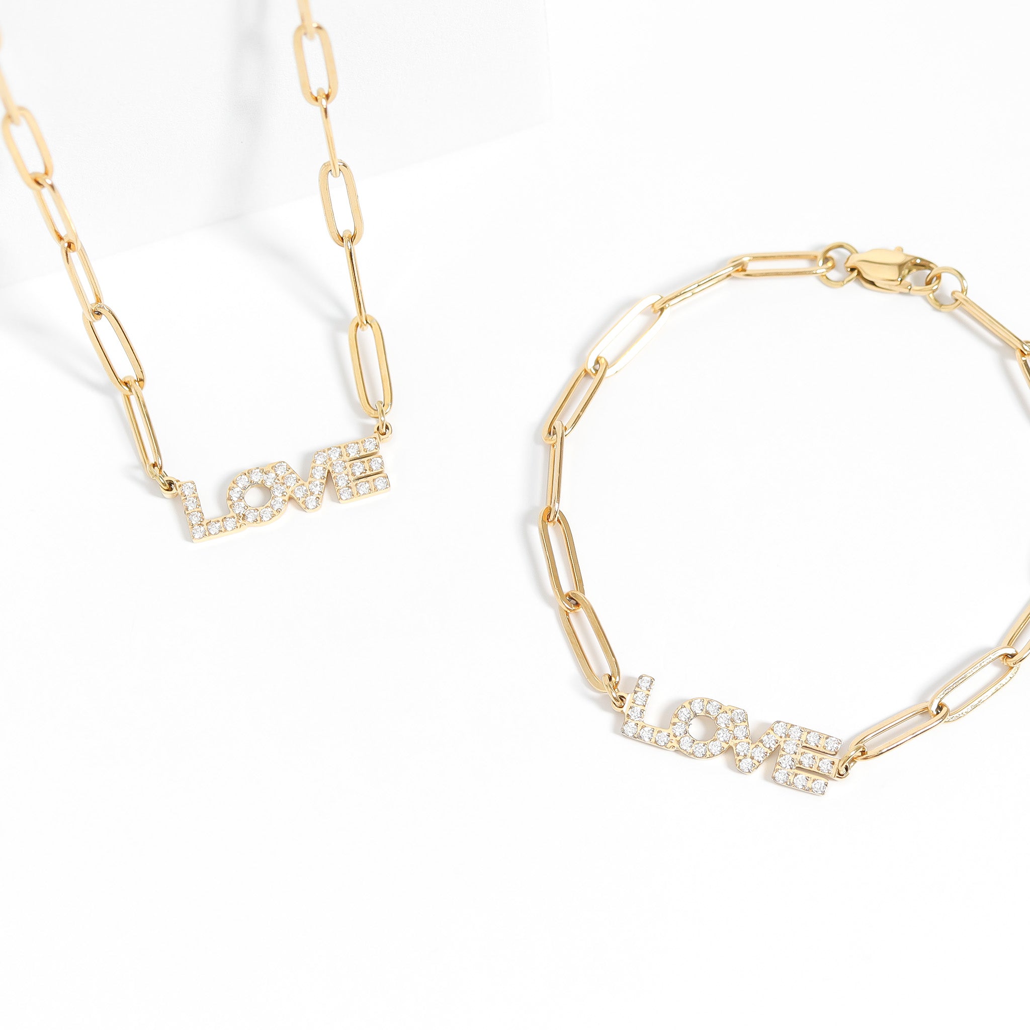 18K Gold PVD Stainless Steel Stone "Love" Paperclip Chain Necklace