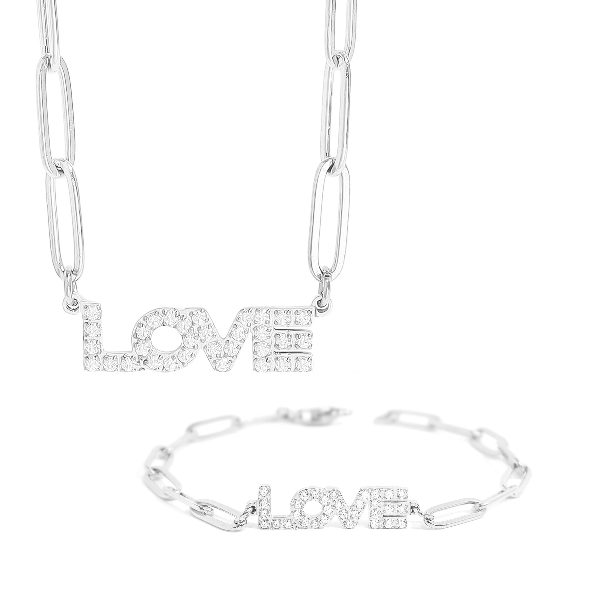 18K Gold PVD Stainless Steel Stone Love Paperclip Chain Set