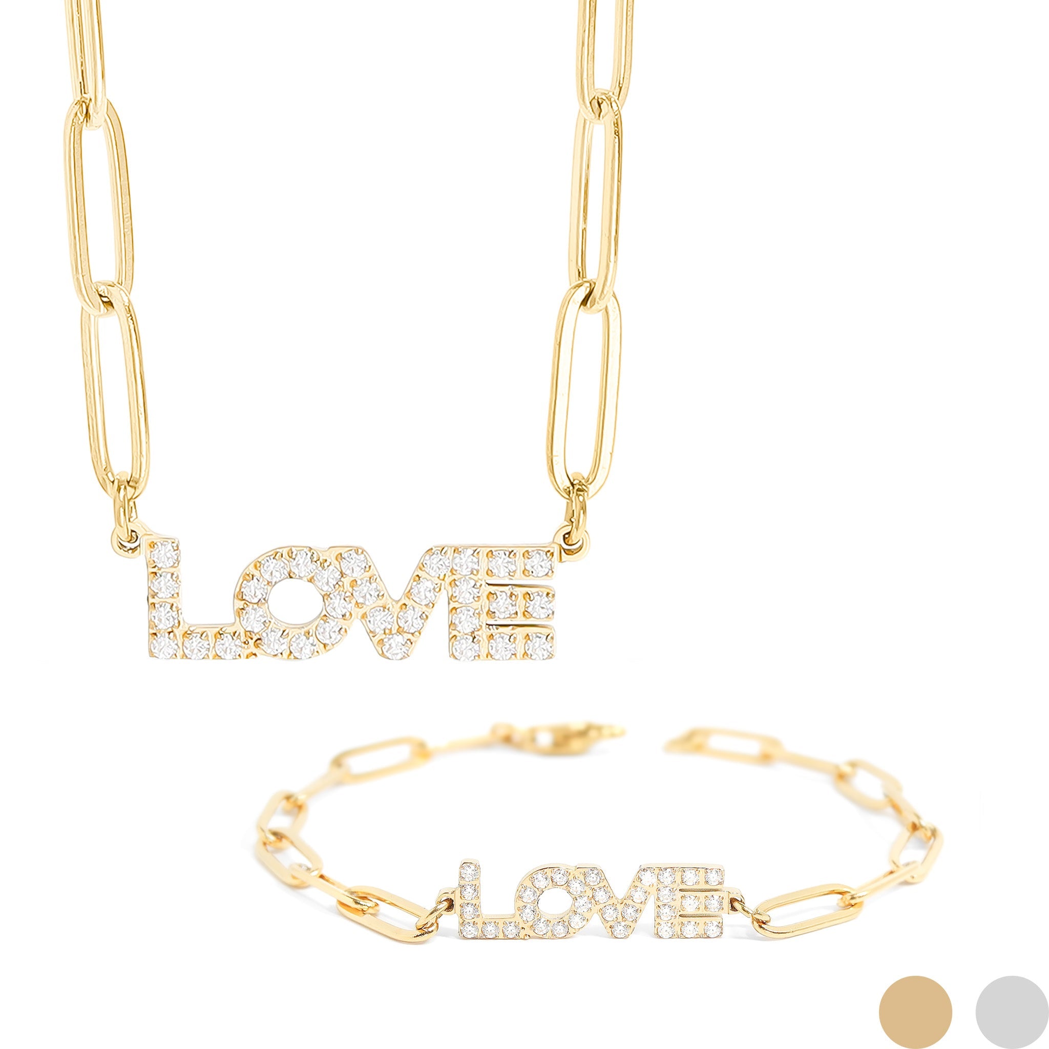 18K Gold PVD Stainless Steel Stone Love Paperclip Chain Set
