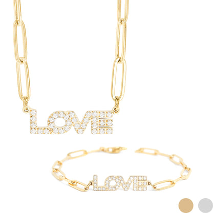 18K Gold PVD Stainless Steel Stone Love Paperclip Chain Set