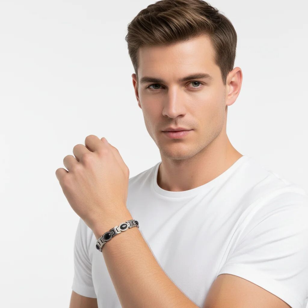 Stainless Steel Magnetic and Germanium Bracelet with Black Stones