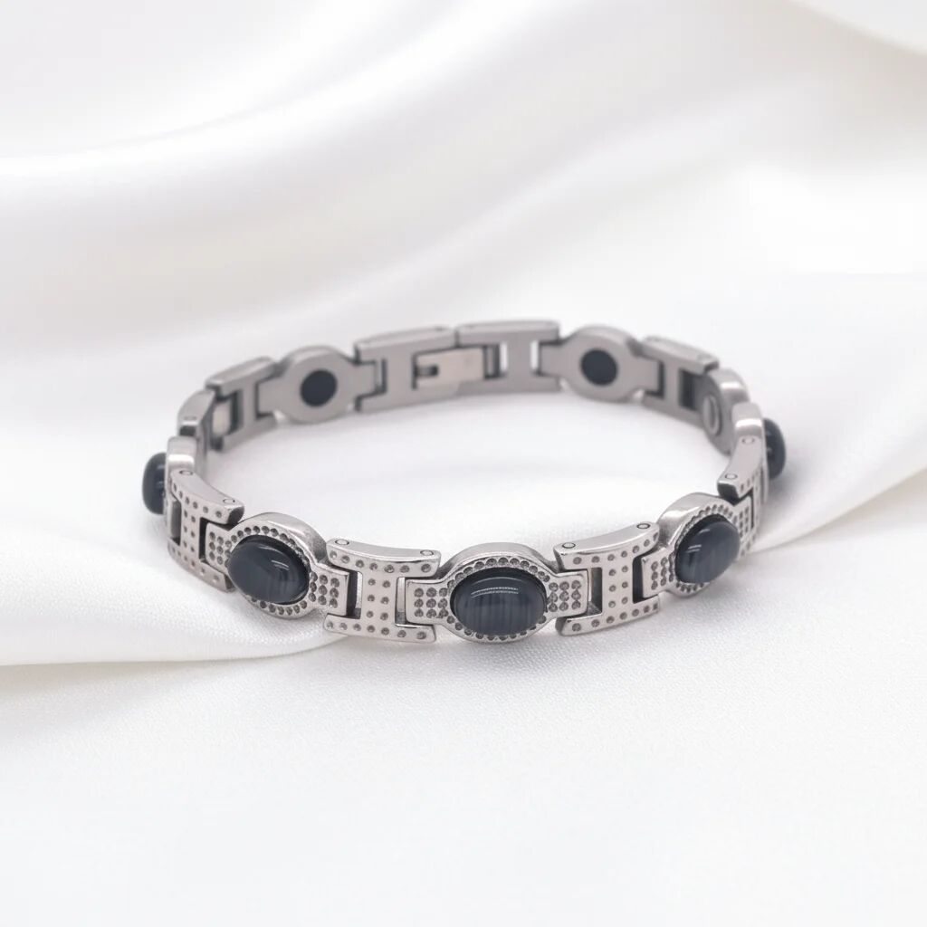Stainless Steel Magnetic and Germanium Bracelet with Black Stones