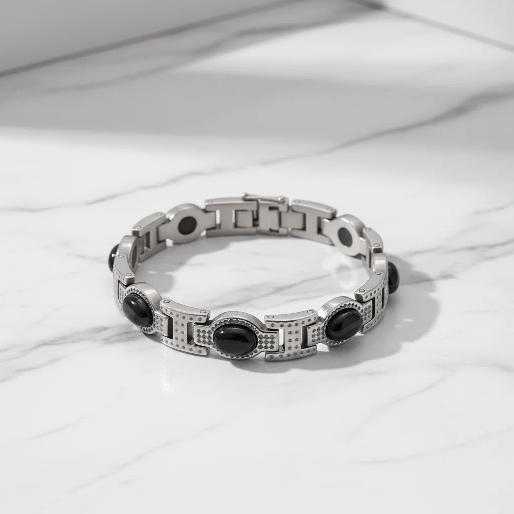 Stainless Steel Magnetic and Germanium Bracelet with Black Stones
