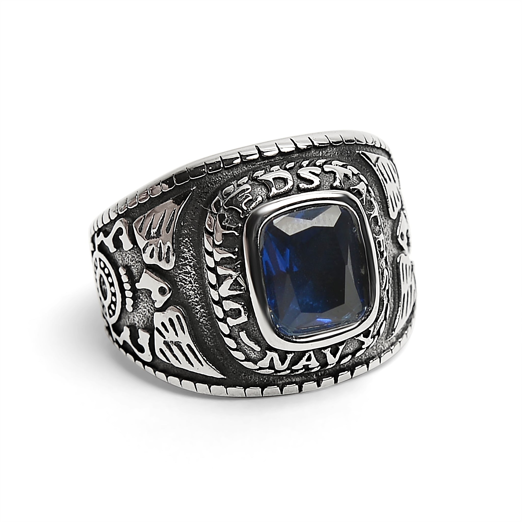 Stainless Steel United States Navy Military Men's Ring with Blue Stone