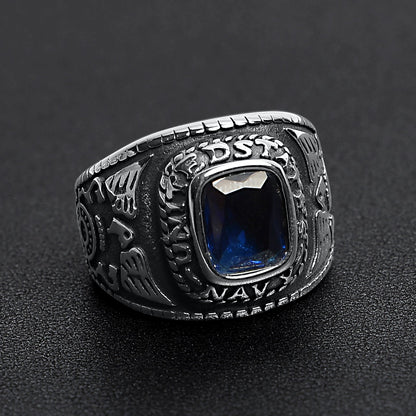 Stainless Steel United States Navy Military Men's Ring with Blue Stone