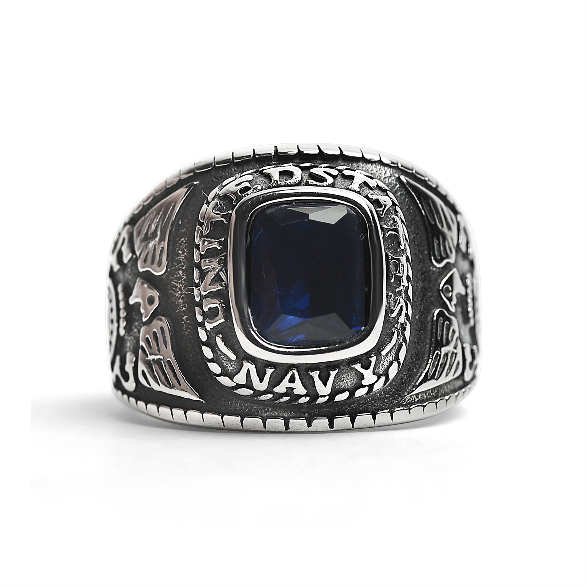 Stainless Steel United States Navy Military Men's Ring with Blue Stone