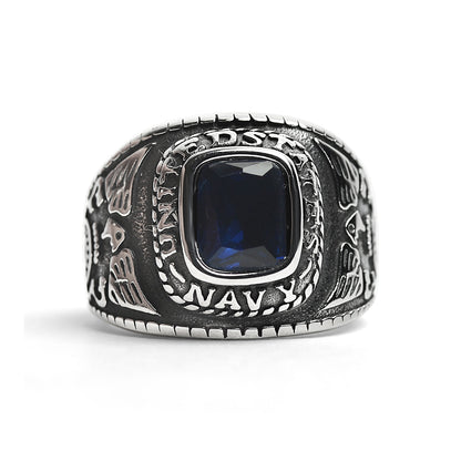 Stainless Steel United States Navy Military Men's Ring with Blue Stone