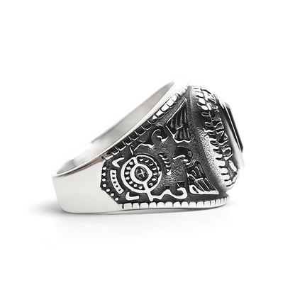 Stainless Steel United States Navy Military Men's Ring with Blue Stone
