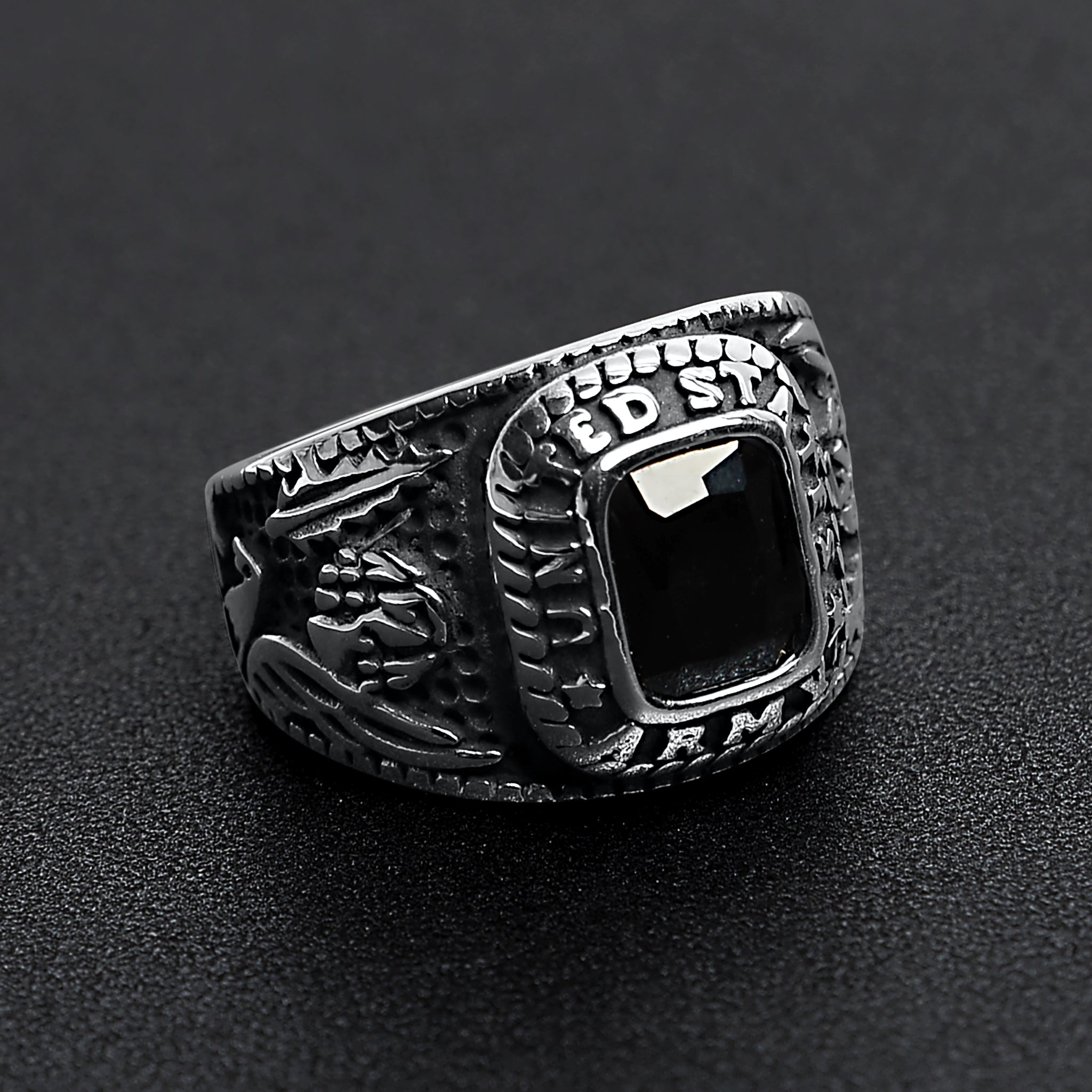 Stainless Steel United States Army Military Men's Ring with Black Stone