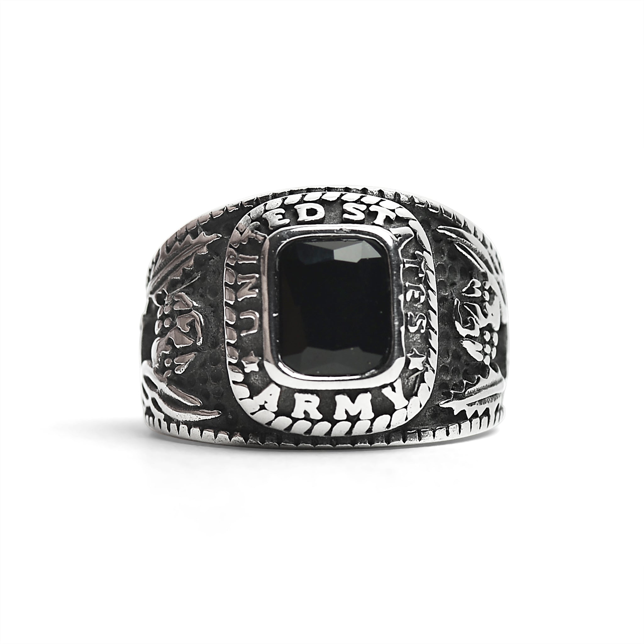 Stainless Steel United States Army Military Men's Ring with Black Stone