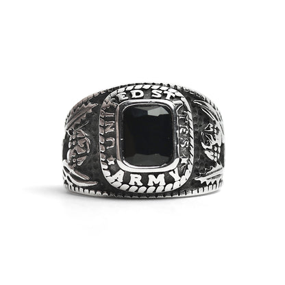 Stainless Steel United States Army Military Men's Ring with Black Stone